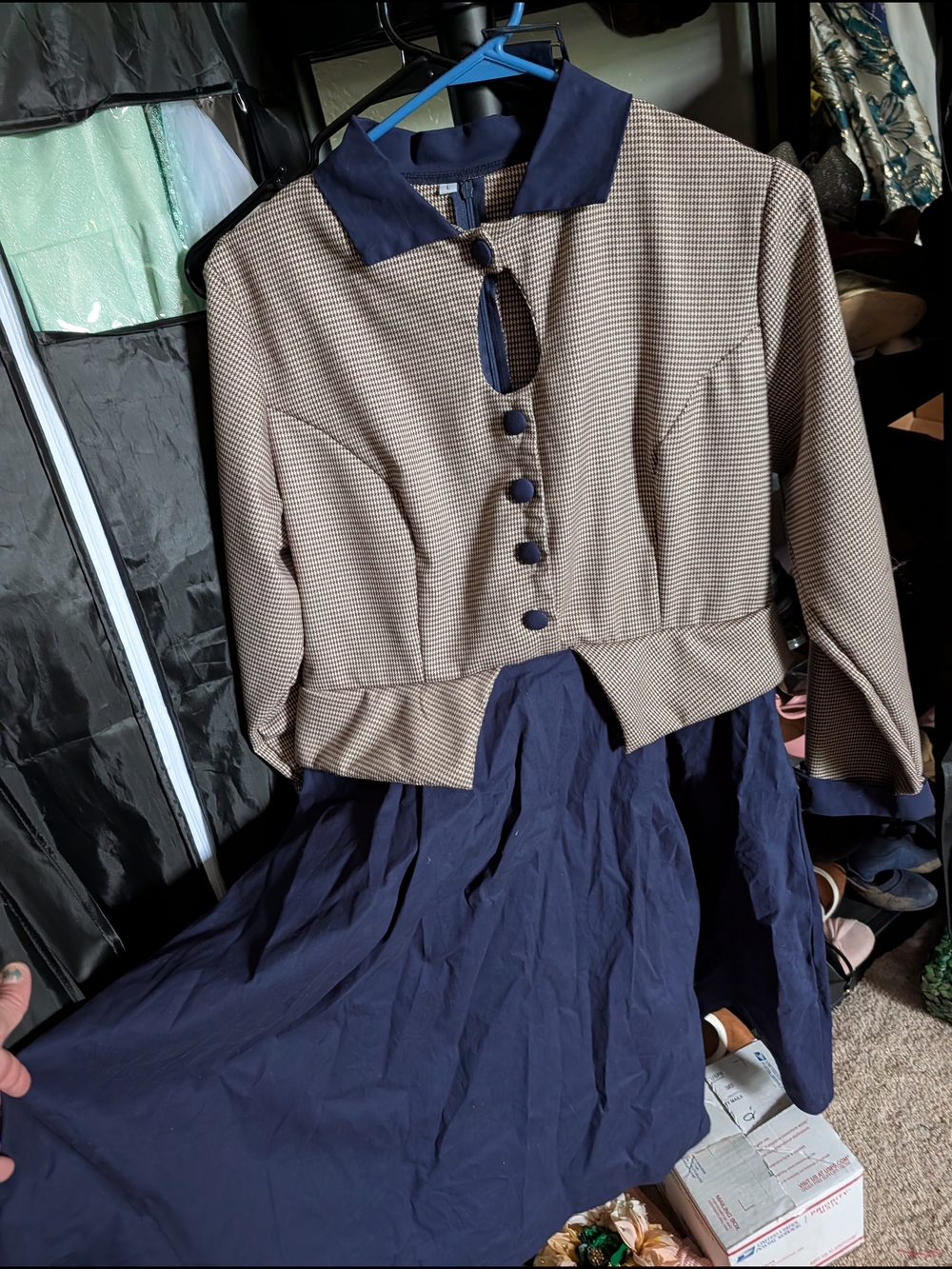 Vintage Tailored Houndstooth Crop Jacket/Dress with Navy Trim